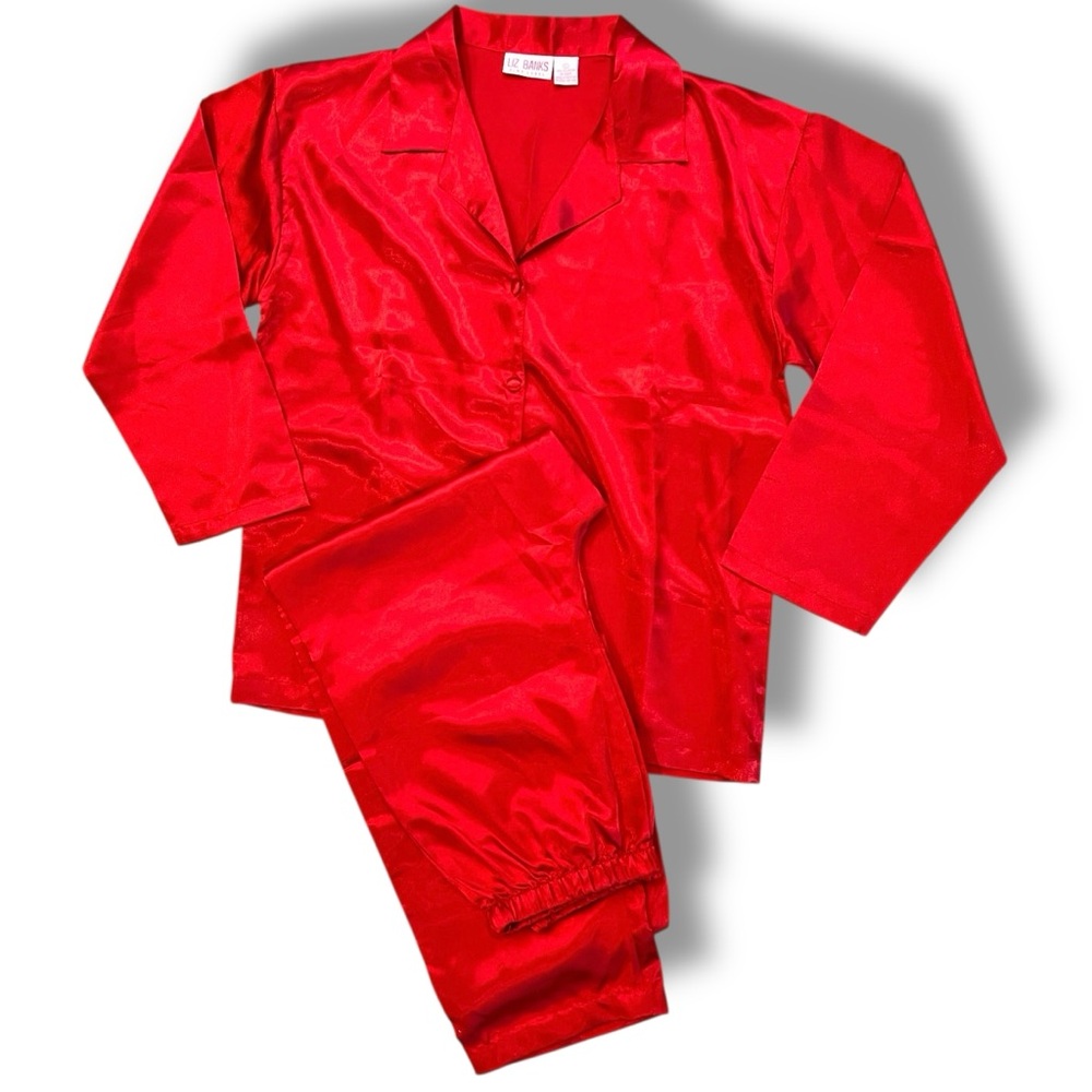 Liz Banks Pink Label Red Pajama Set Silky Large Long Sleeved Button Down Top A-7